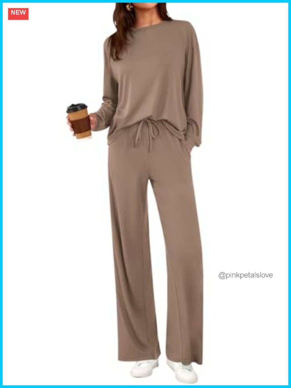 Womens 2 Piece Lounge Set Long Sleeve Wide Leg Drawstring Pants Tracksuit